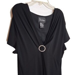 S.L. Fashions Plus Sz 16 Little Black Dress V Neck Rhinestone Center Knee Length